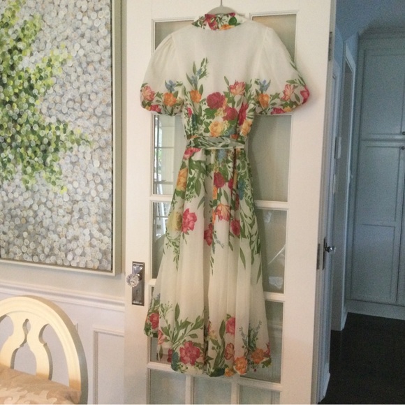 Floral Puff-Sleeve Shirt Midi Dress - White with Multi-Color Floral Print - Picture 4 of 7